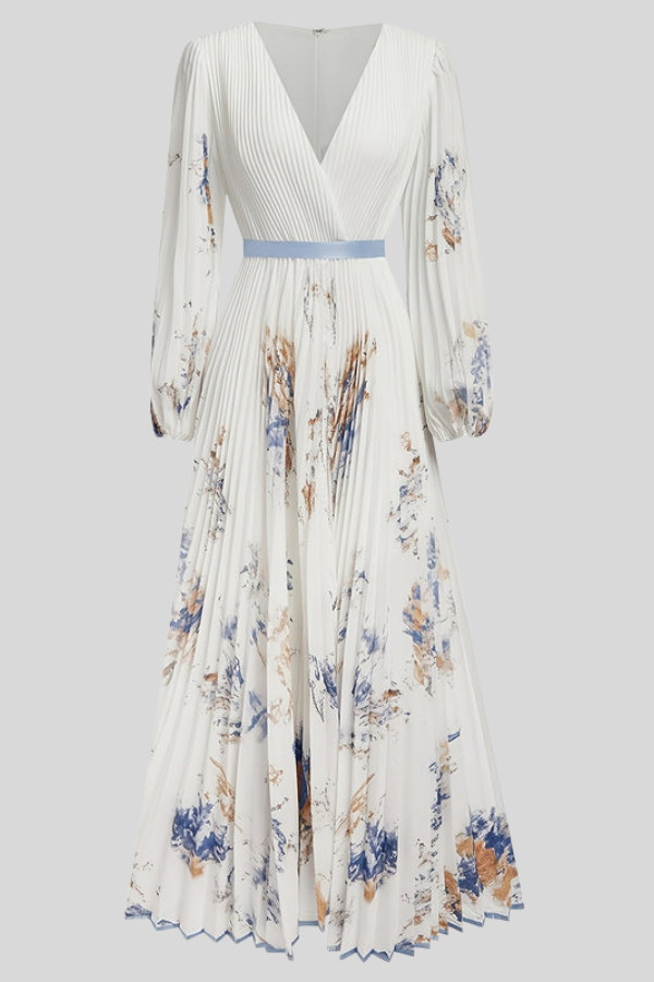 Casual women's midi dress: romantic bohemian style, pleated skirt, and puff sleeves. A must-have summer dress.