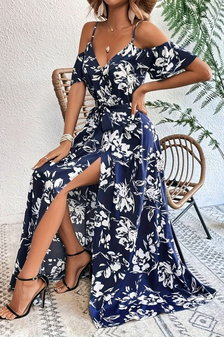 Women's romantic cold shoulder maxi dress, perfect for elegant evening wear or a summer wedding guest.