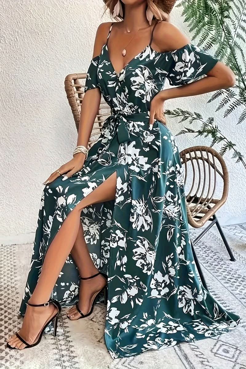 Elegant women's cold shoulder maxi dress with a flowy silhouette, ideal for parties and vacation.