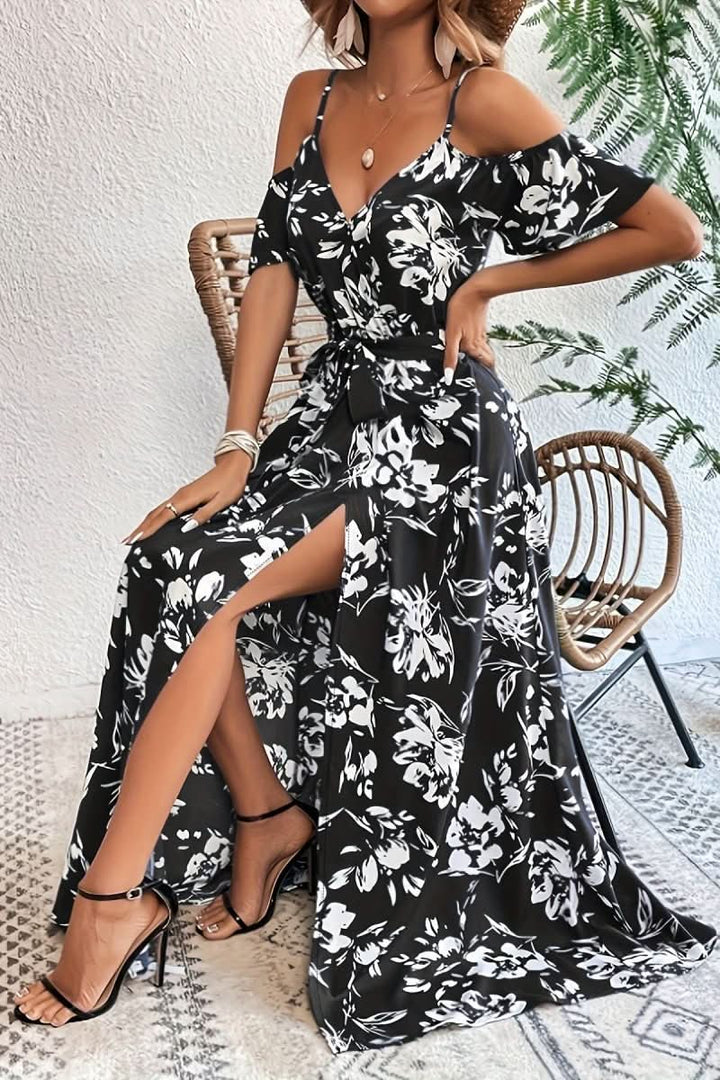 Sophisticated women's party dress: a romantic cold shoulder maxi, great for evening events or celebrations.