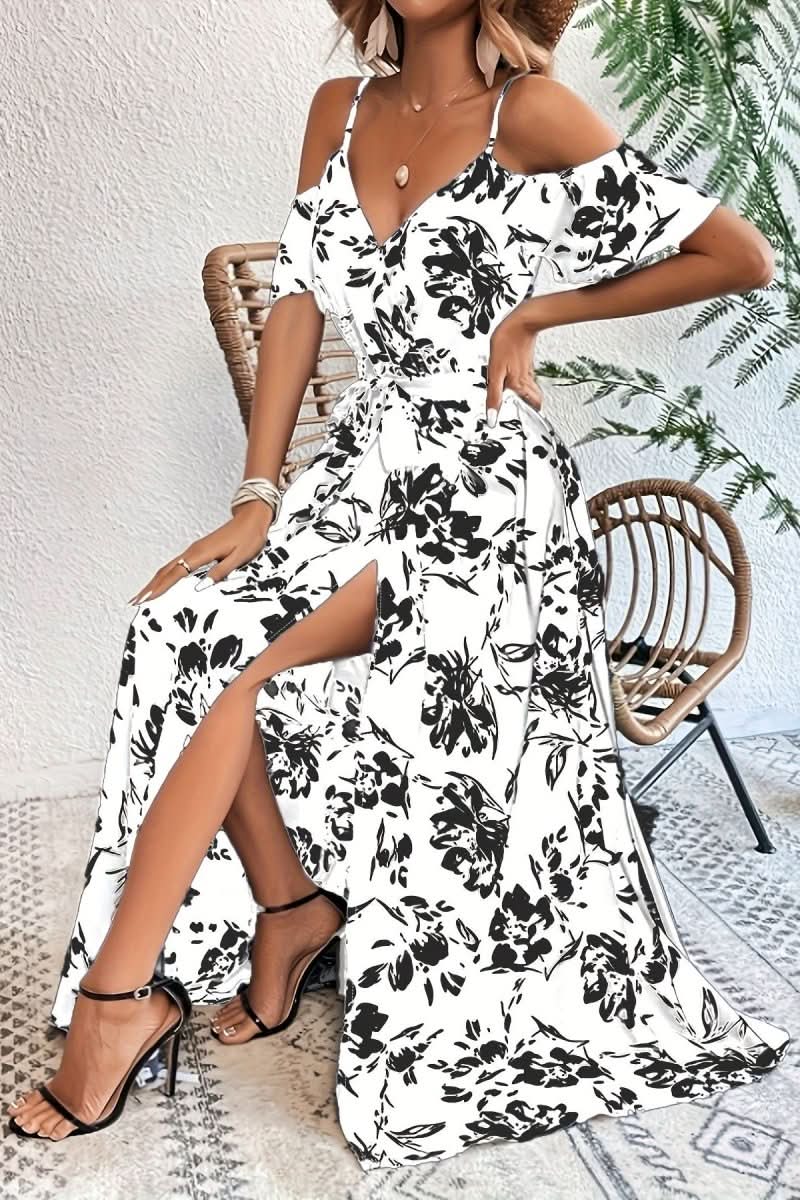 Lightweight women's summer maxi dress with cold shoulder design, perfect for casual vacation wear.