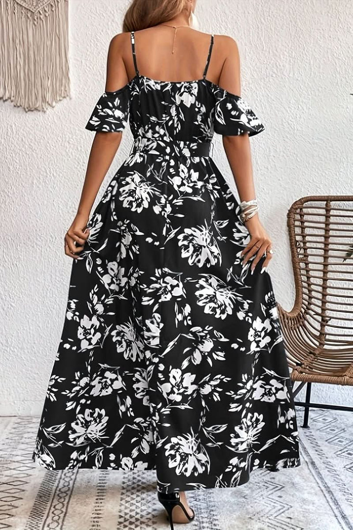 Elegant women's wedding guest maxi dress, featuring a romantic cold shoulder and flowy design.