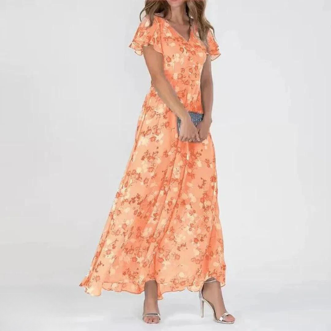 Women's elegant floral maxi dress with romantic flutter sleeves & v-neck. Perfect for summer parties, events & vacation.