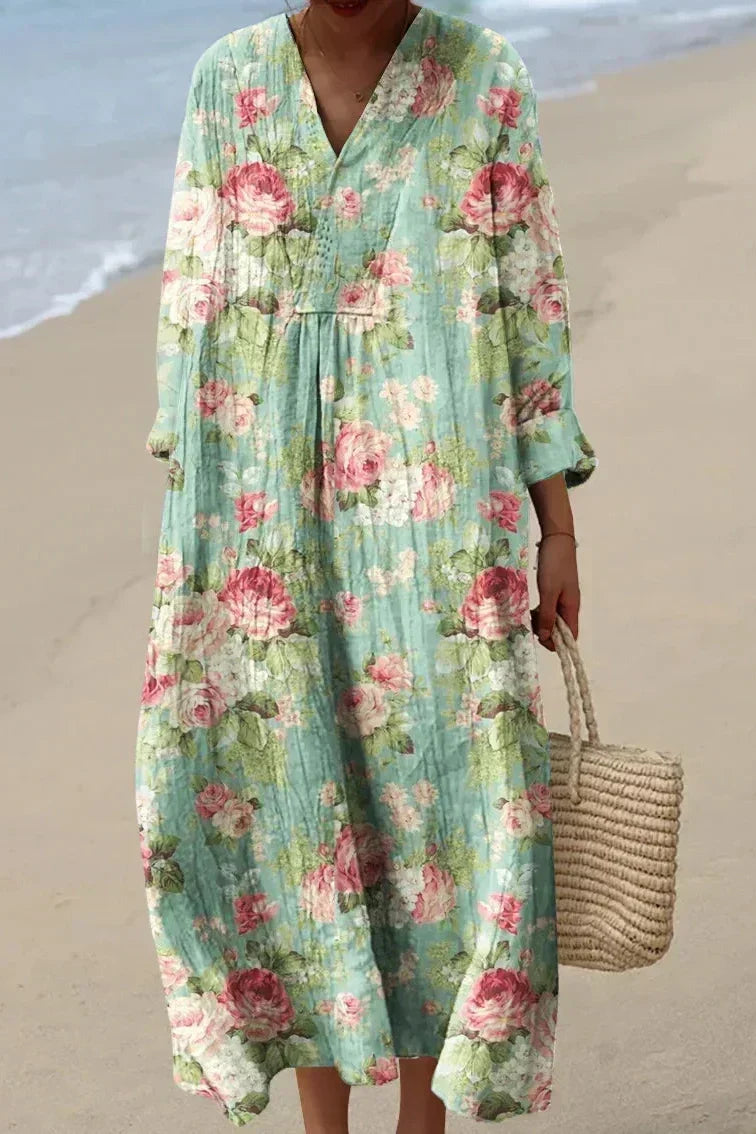 Women's romantic floral V-neck summer dress, elegant long sleeve flowy comfort dress with vibrant print. Perfect for casual boho.