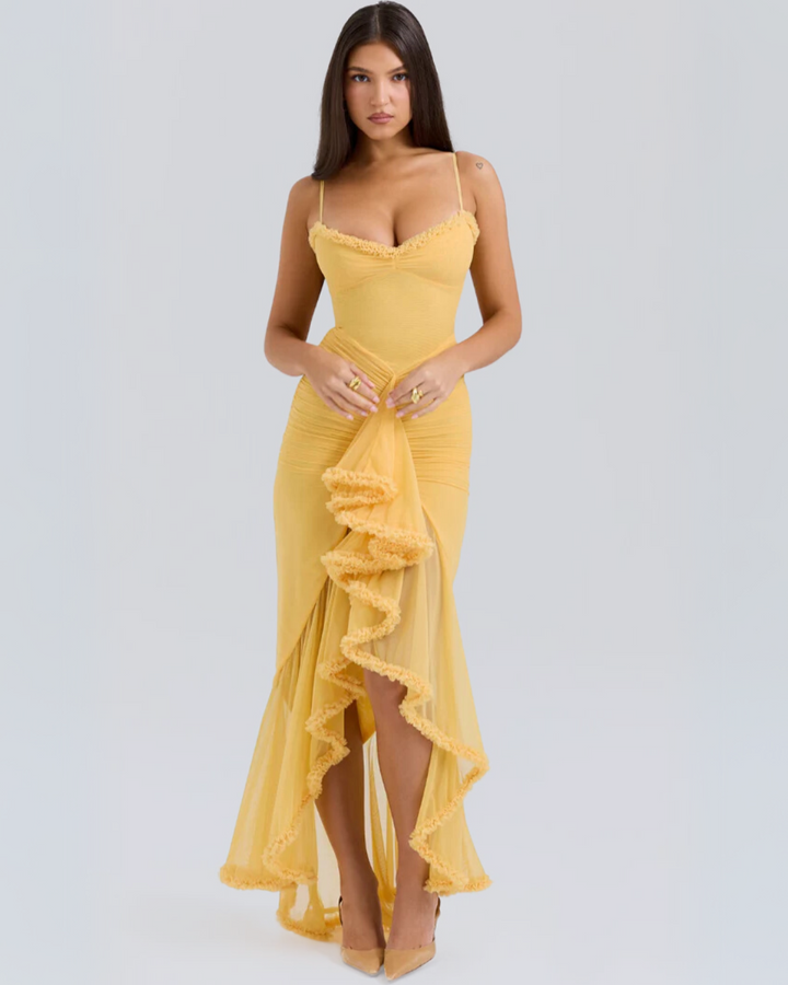 Women's Romantic Ruffle Maxi Dress, elegant evening gown. Perfect for special occasions & wedding guests.