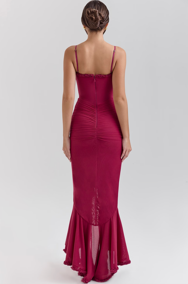 Sophisticated women's maxi dress, featuring romantic ruffles. Elegant evening gown, perfect for cocktail parties.