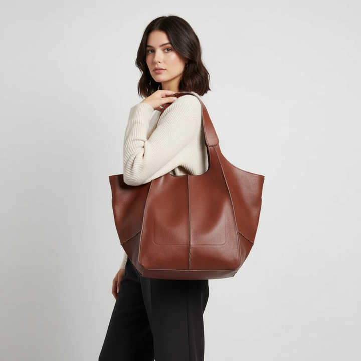Large vegan leather work bag for women. Roomy and practical everyday tote, a chic shoulder bag.