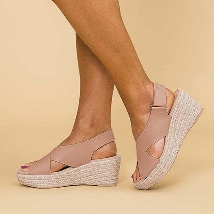 Full view of comfortable women's rope wedge platform sandals, ready for sunny summer days.