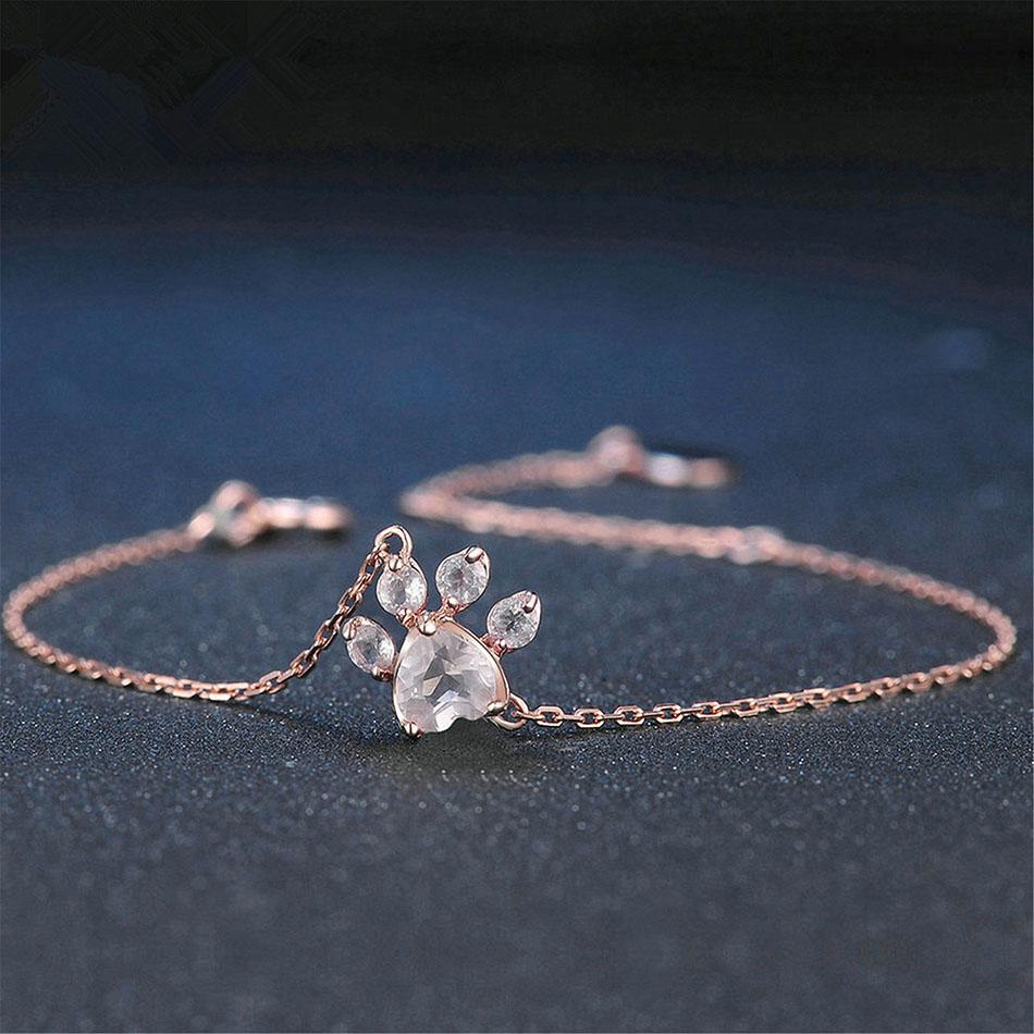 Women's Rose Quartz Paw Print Bracelet with rose gold accents, perfect for cat lovers & sensitive skin