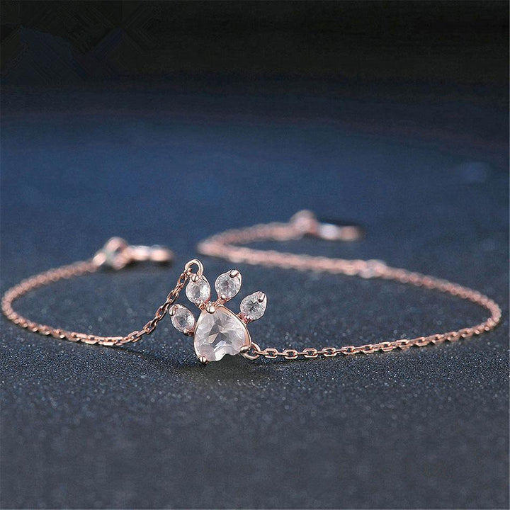 Women's Rose Quartz Paw Print Bracelet with rose gold accents, perfect for cat lovers & sensitive skin