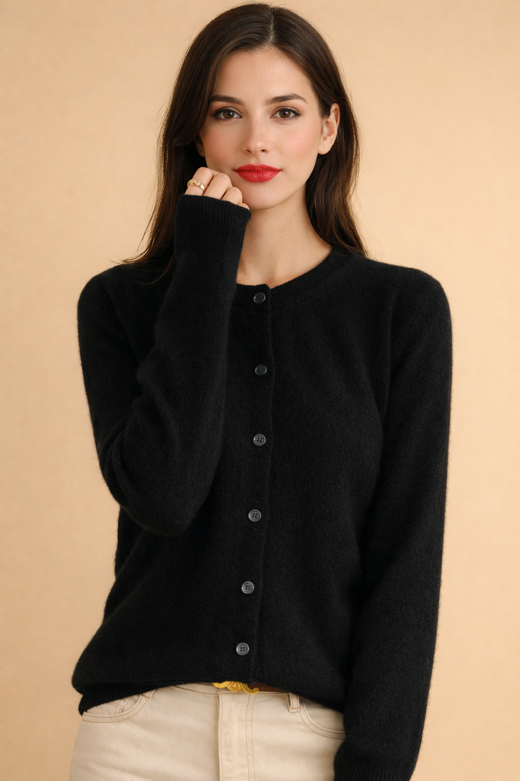 Women's round neck button-front knit cardigan in a versatile color, perfect for layering and everyday fashion.