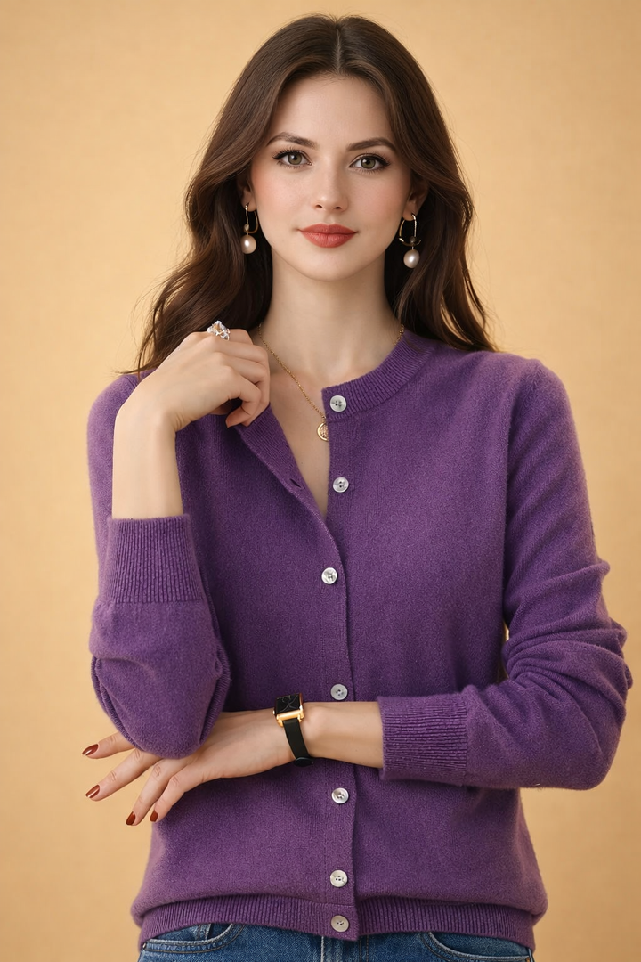 Close-up of a stylish women's round neck cardigan with functional button-front closure for office or casual wear.