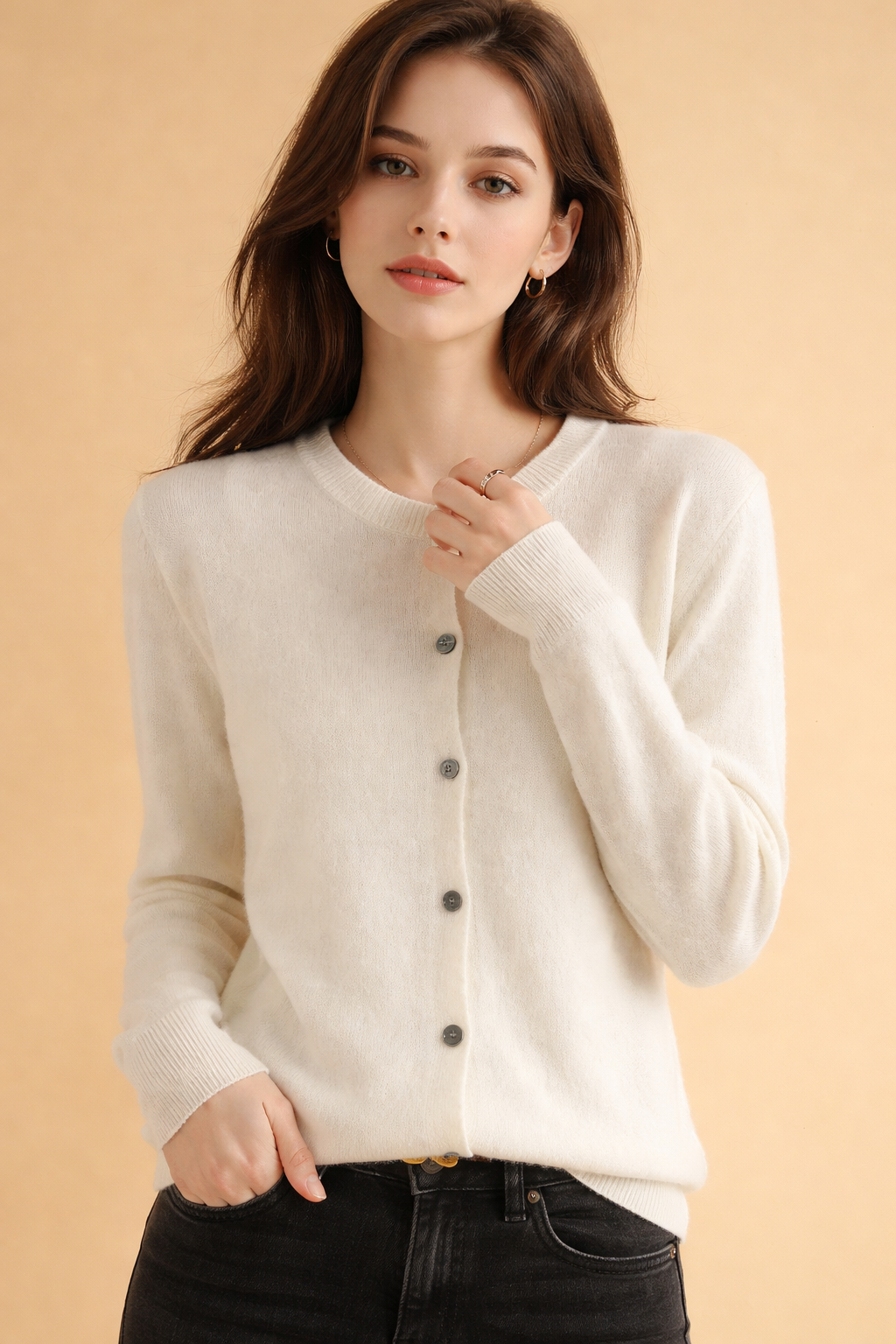 Elegant women's round neck cardigan styled for office wear, a versatile button-front knit for professional look.