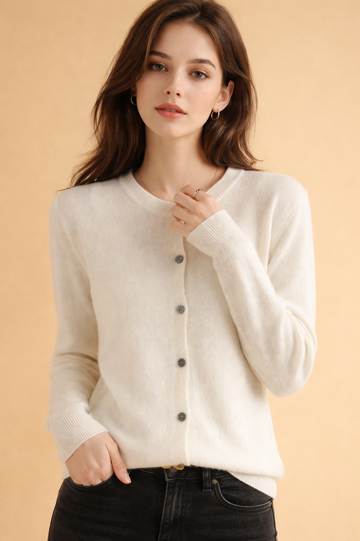 Elegant women's round neck cardigan styled for office wear, a versatile button-front knit for professional look.