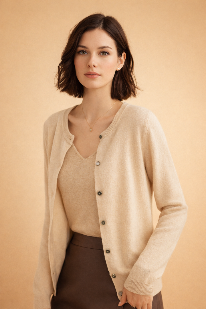 Stack of multi-color women's button-front round neck cardigans, comfortable and versatile for any wardrobe.