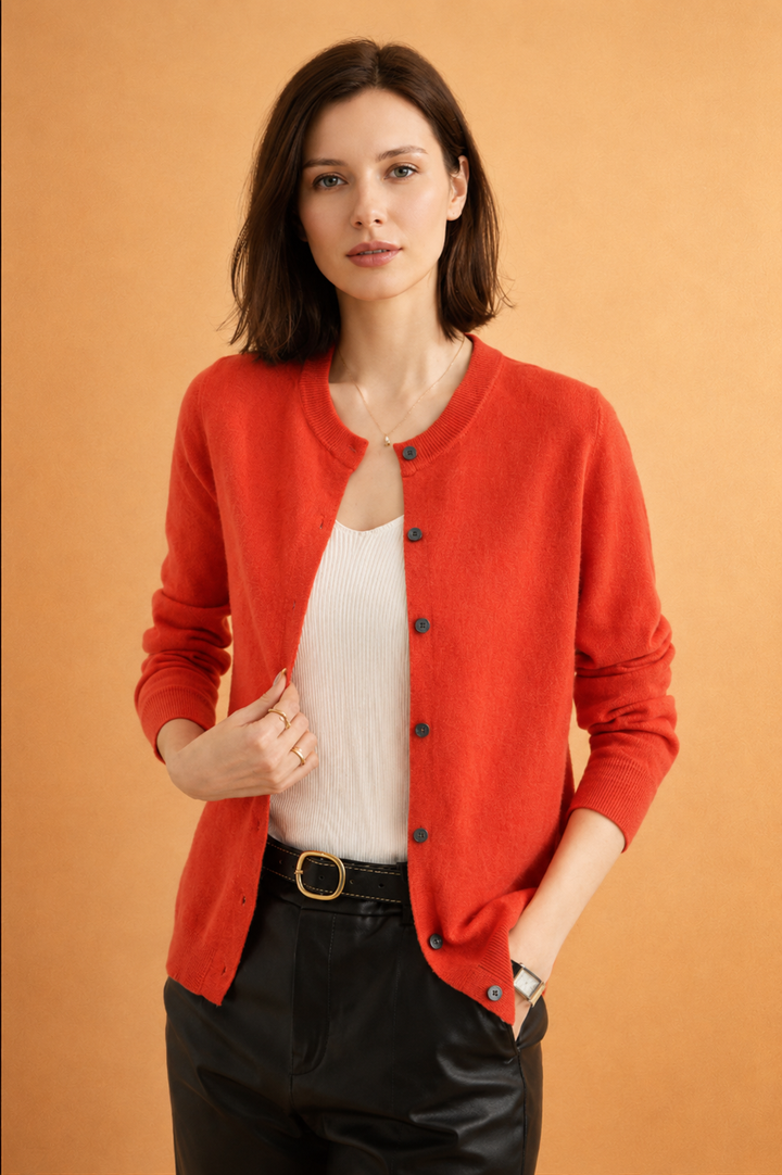 Full shot of a women's button-front round neck cardigan, a comfortable and stylish layering top for all seasons.