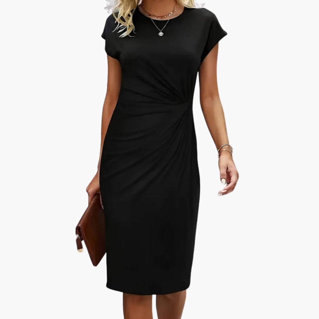 Women's round neck short sleeve midi dress, elegant & versatile for all occasions. Classic style.