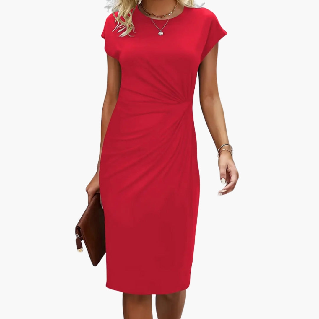 Elegant women's midi dress with round neck & short sleeves, perfect for office wear or a casual day out.
