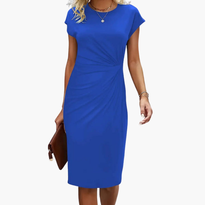 Versatile women's short sleeve midi dress, a flattering round neck design for formal or casual wear.