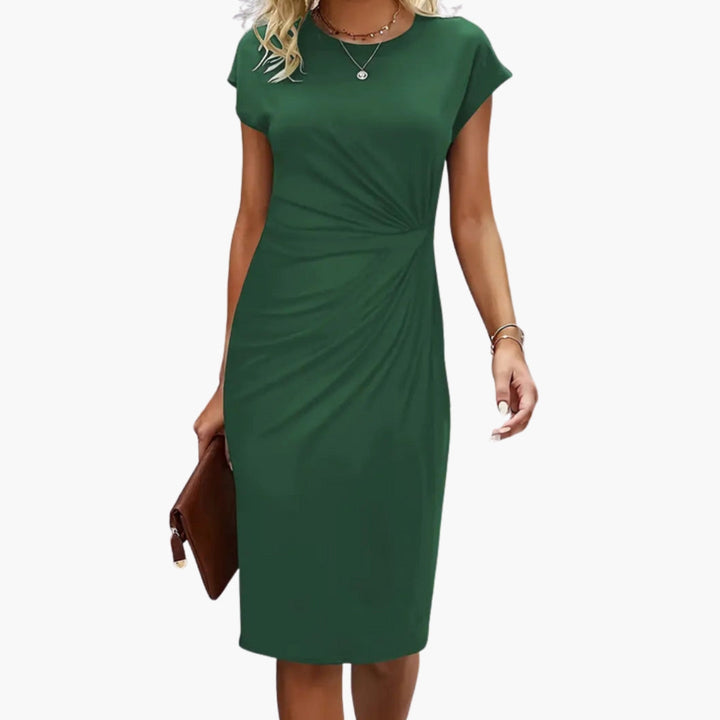 Formal or casual women's midi dress, short sleeve & round neck. An elegant, versatile wardrobe staple.