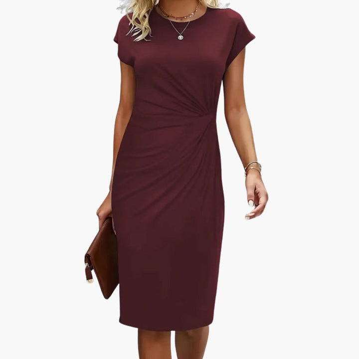 Women's elegant round neck short sleeve midi dress. Versatile for office, casual, or formal occasions.