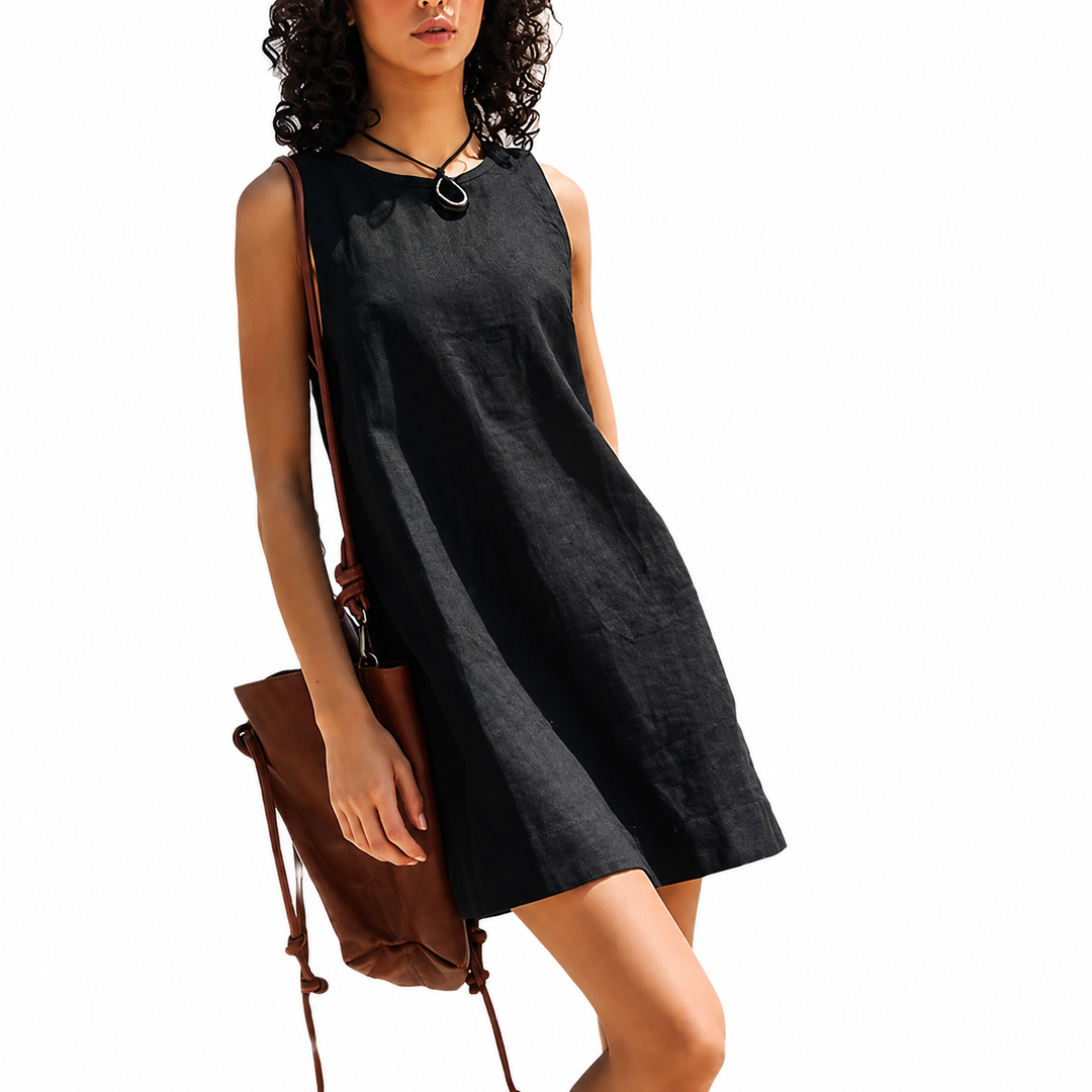 Stylish women's sleeveless shift mini dress with round neck. Perfect for versatile summer fashion & casual wear.