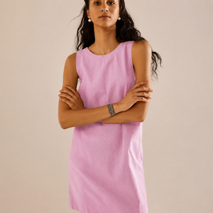 Elegant women's sleeveless round neck mini shift dress. Versatile casual summer fashion for any day.