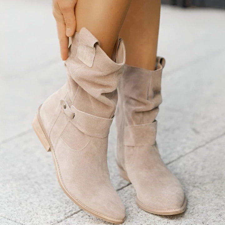 Trendy women's ruched ankle boots, offering a comfortable fit & stylish side zip. Perfect everyday casual footwear.