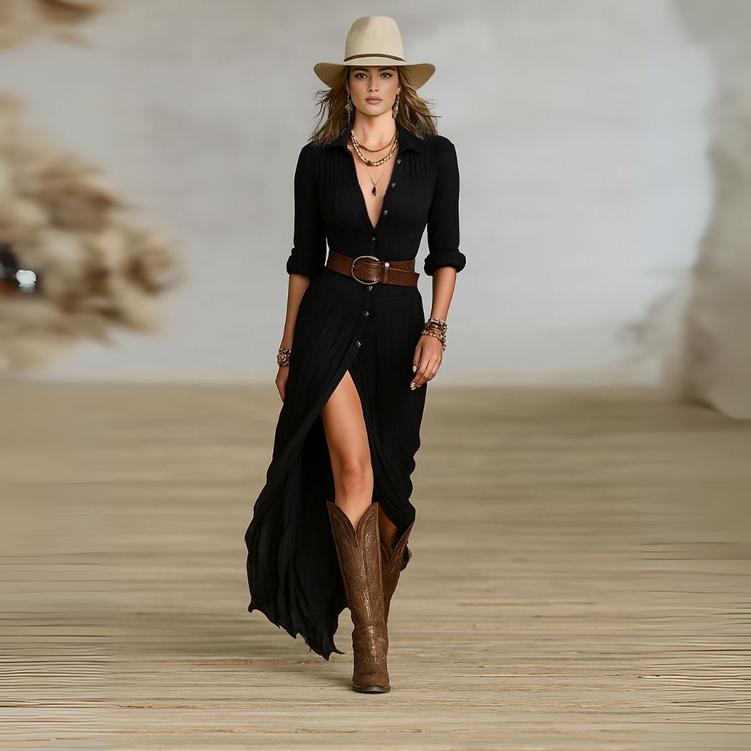 Boho maxi dress for women, featuring ruched detailing & elegant flowy silhouette. Perfect button-down western style.