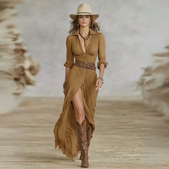 Elegant women's flowy button-down maxi dress, ruched long sleeves. Ideal for summer occasions & versatile fashion.