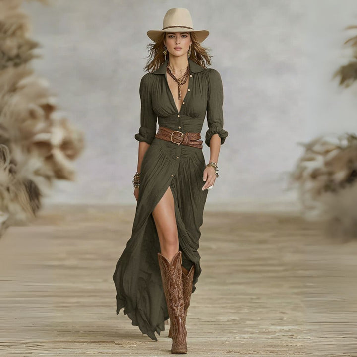 Stylish women's long sleeve boho maxi dress with a sophisticated button-down front & flattering ruched detail.