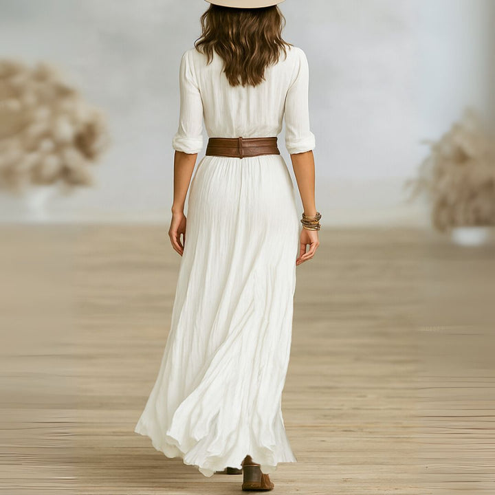 Flowy ruched maxi dress, button-down front, perfect for women seeking elegant western or summer boho style.