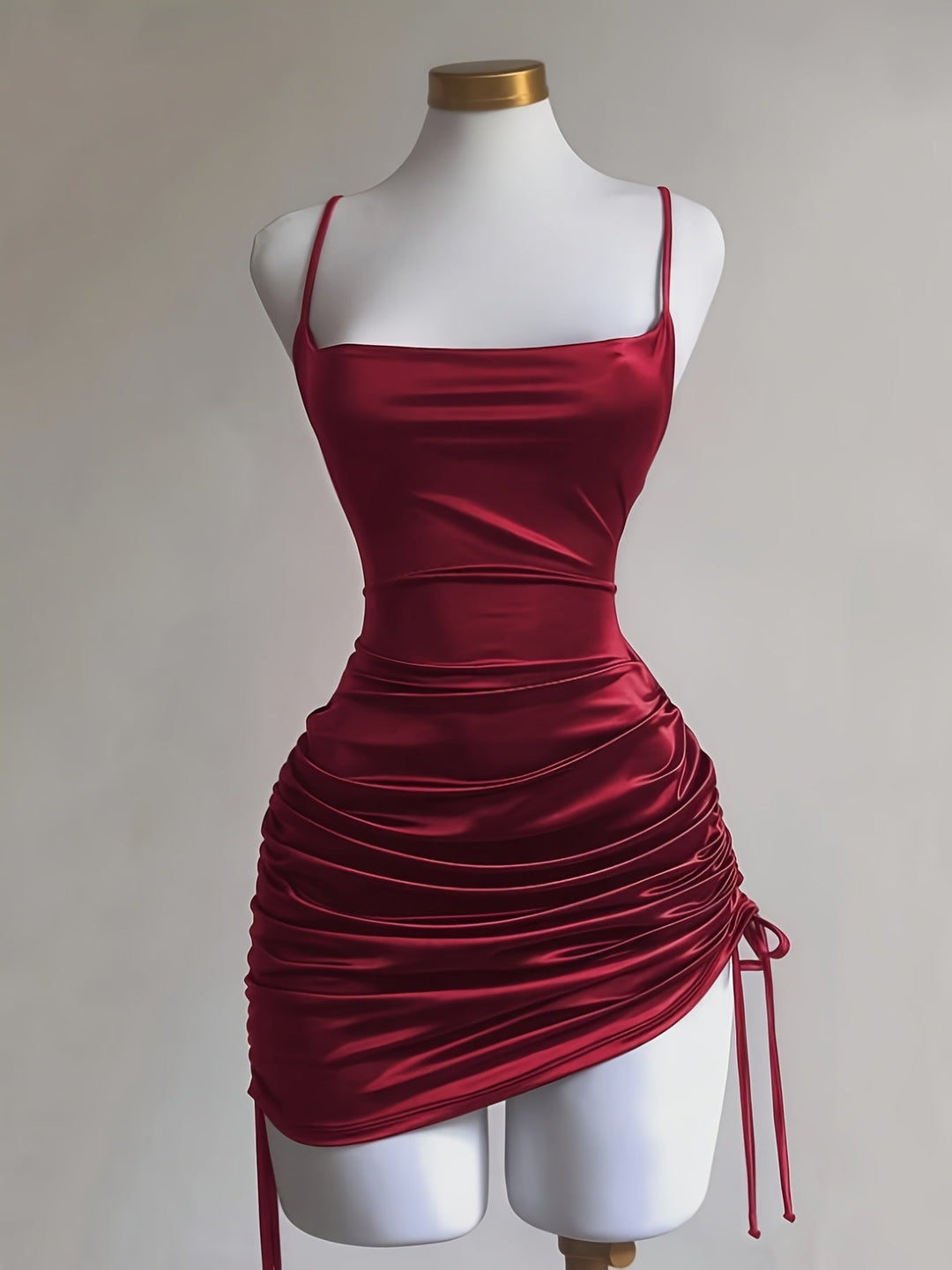 Women's ruched drawstring mini homecoming dress. Fitted & chic for parties & special occasions.