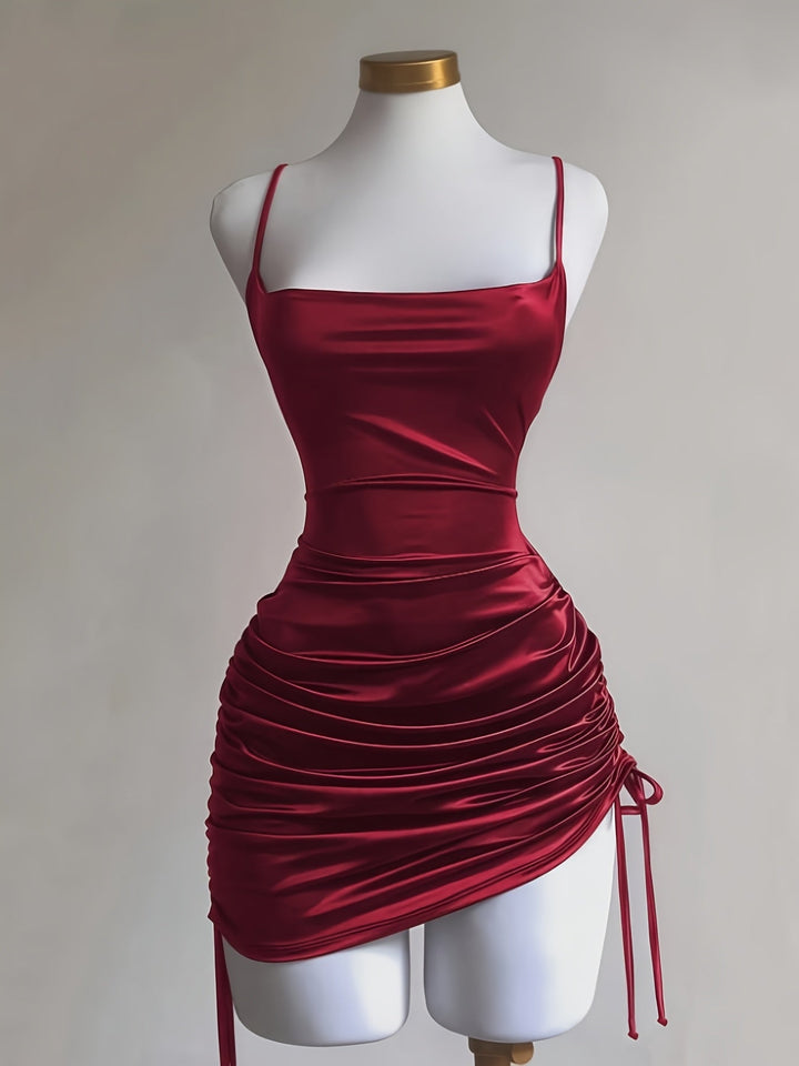 Women's ruched drawstring mini homecoming dress. Fitted & chic for parties & special occasions.