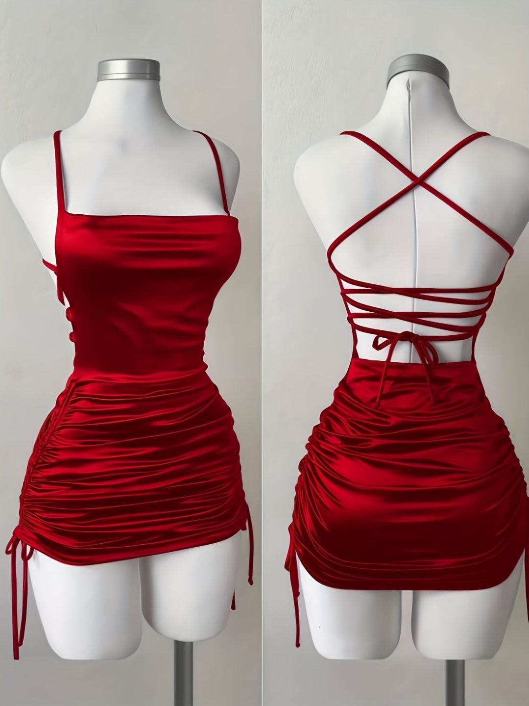Versatile women's ruched mini dress with drawstring, suitable for homecoming, parties & special occasions.