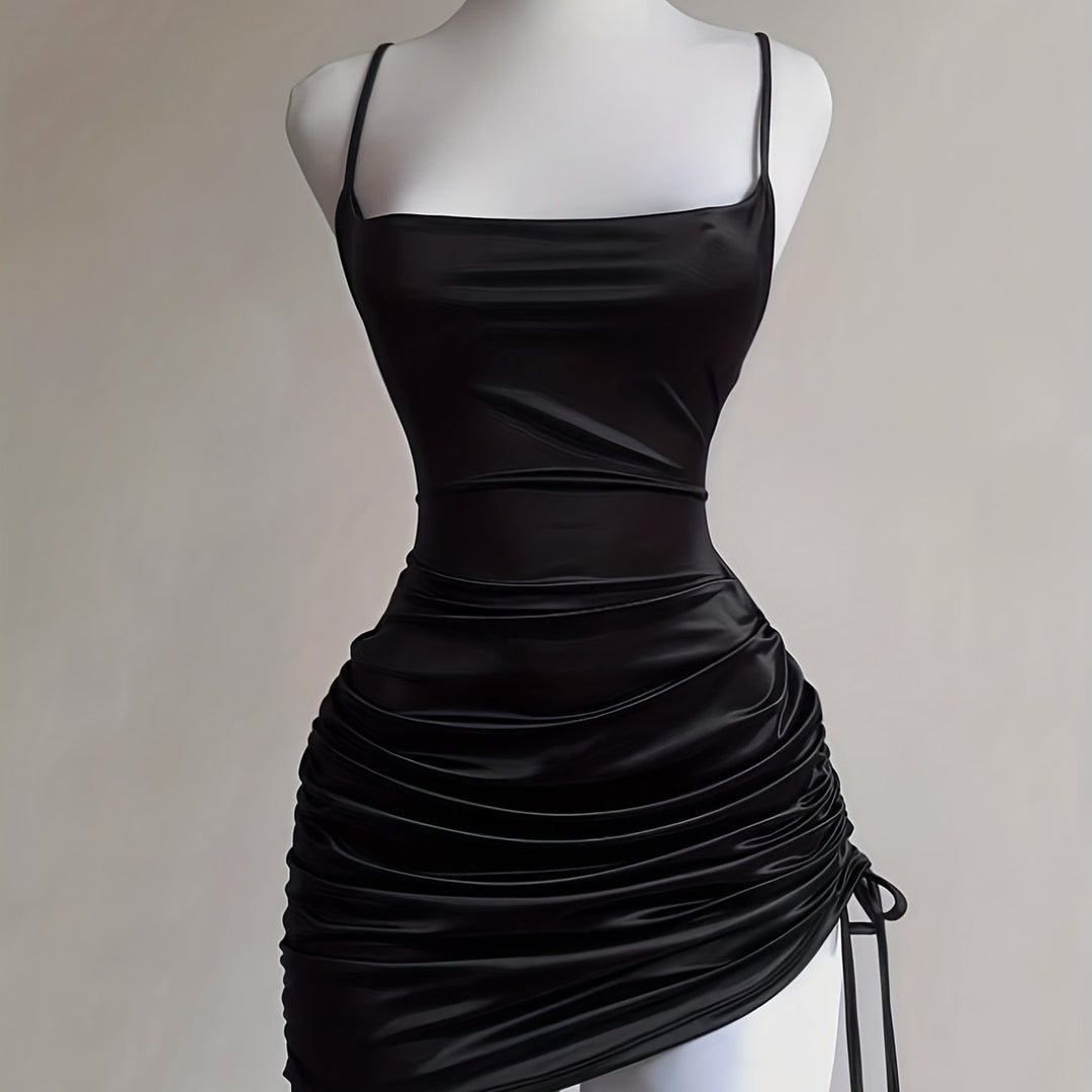Comfortable & chic women's ruched mini dress with adjustable drawstring, ideal for a homecoming party look.