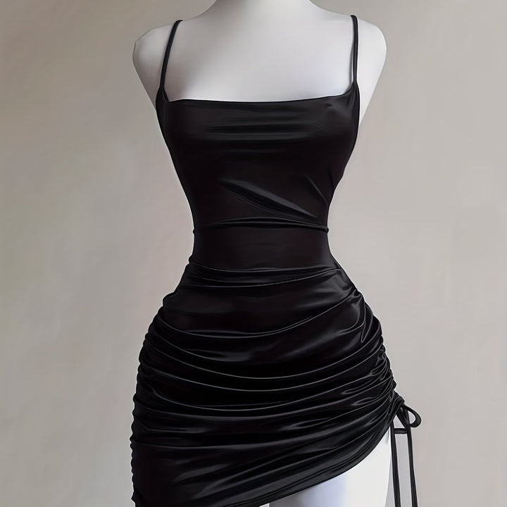 Comfortable & chic women's ruched mini dress with adjustable drawstring, ideal for a homecoming party look.