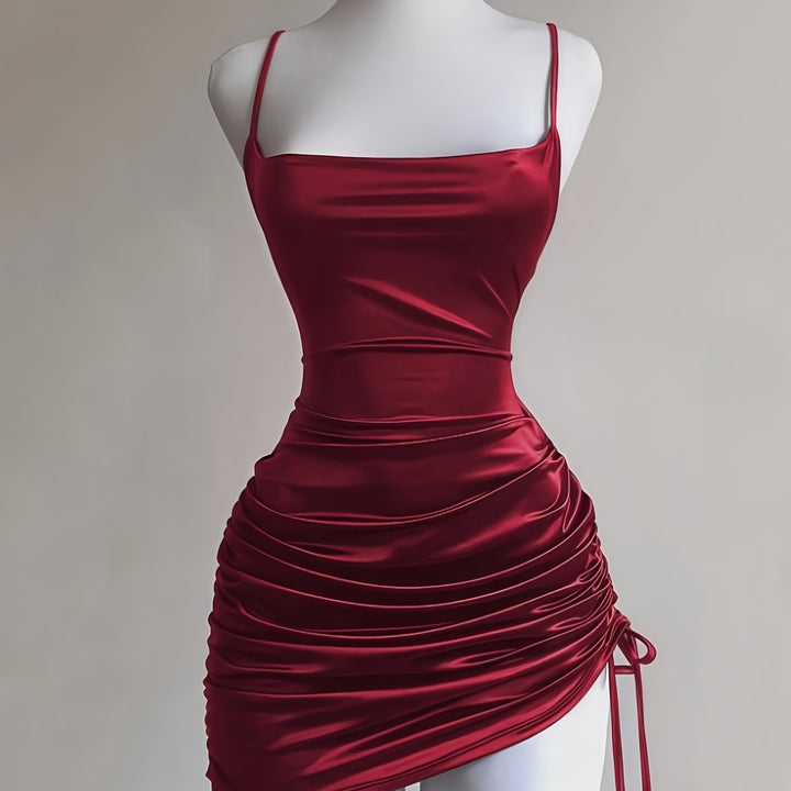 Detailed ruched drawstring mini dress for women, featuring a square neck, perfect for special occasion parties.