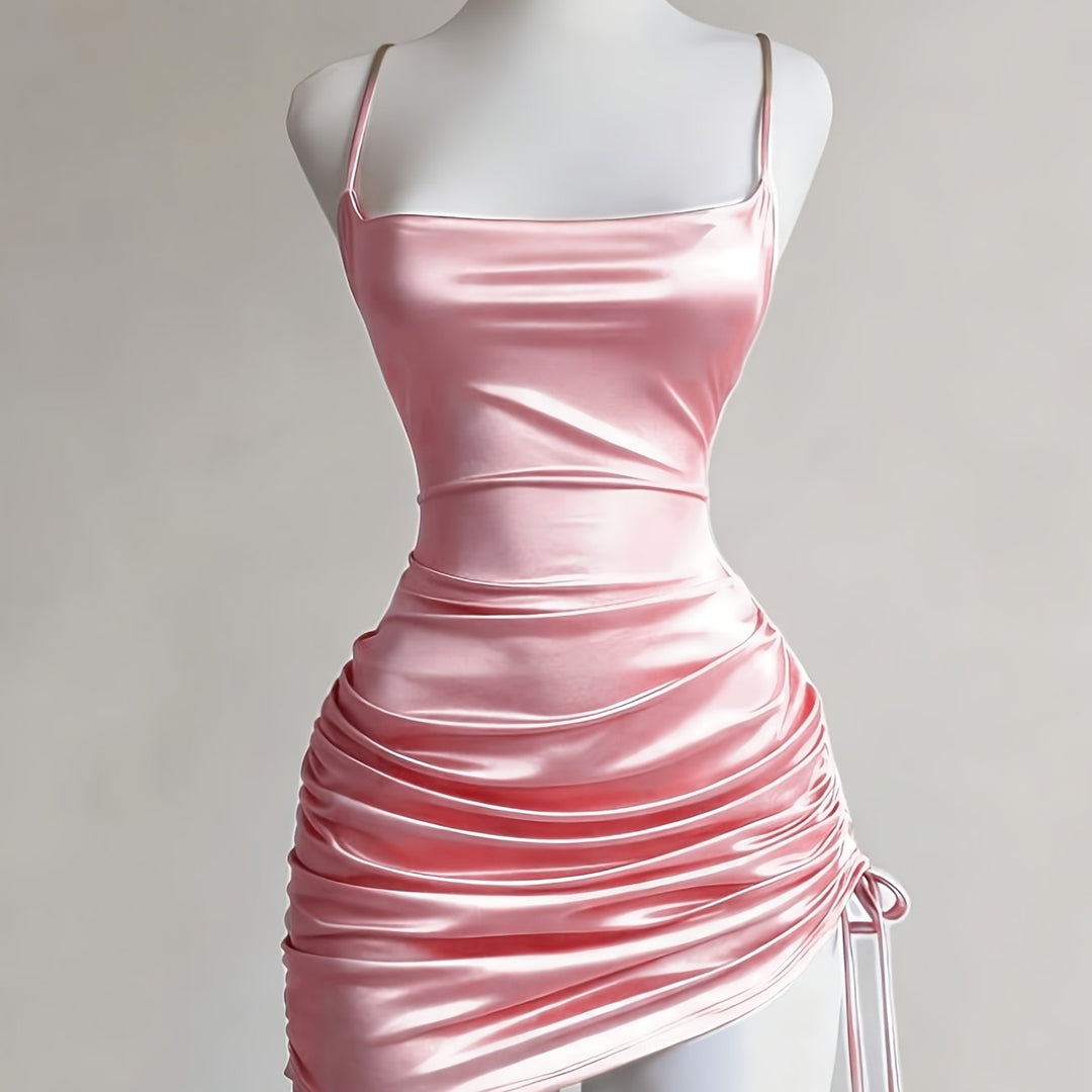Sophisticated women's ruched mini party dress with a drawstring, fitted design & elegant square neck.
