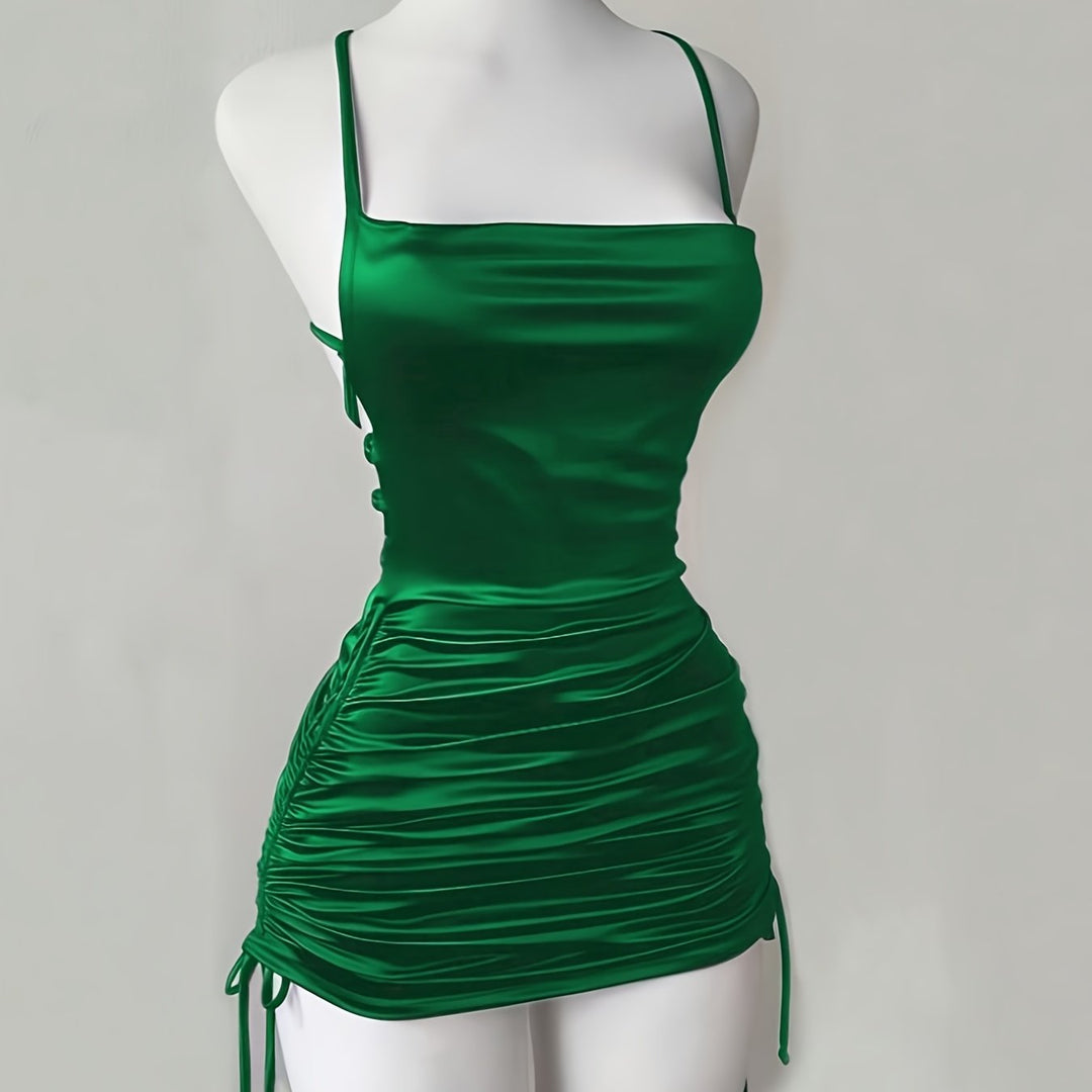Fashionable women's mini homecoming dress, ruched with an adjustable drawstring for a customizable fit.