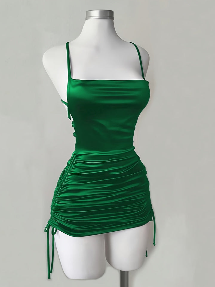 Elegant square neck ruched mini dress with drawstring, perfect for women's homecoming or formal parties.