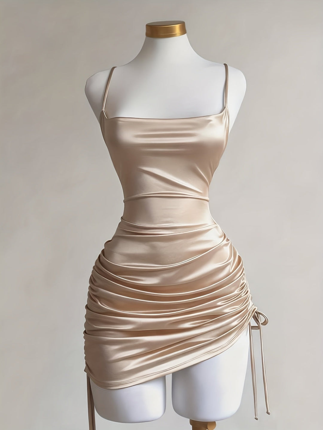Chic women's mini party dress with adjustable drawstring & ruched details, ideal for special occasions.