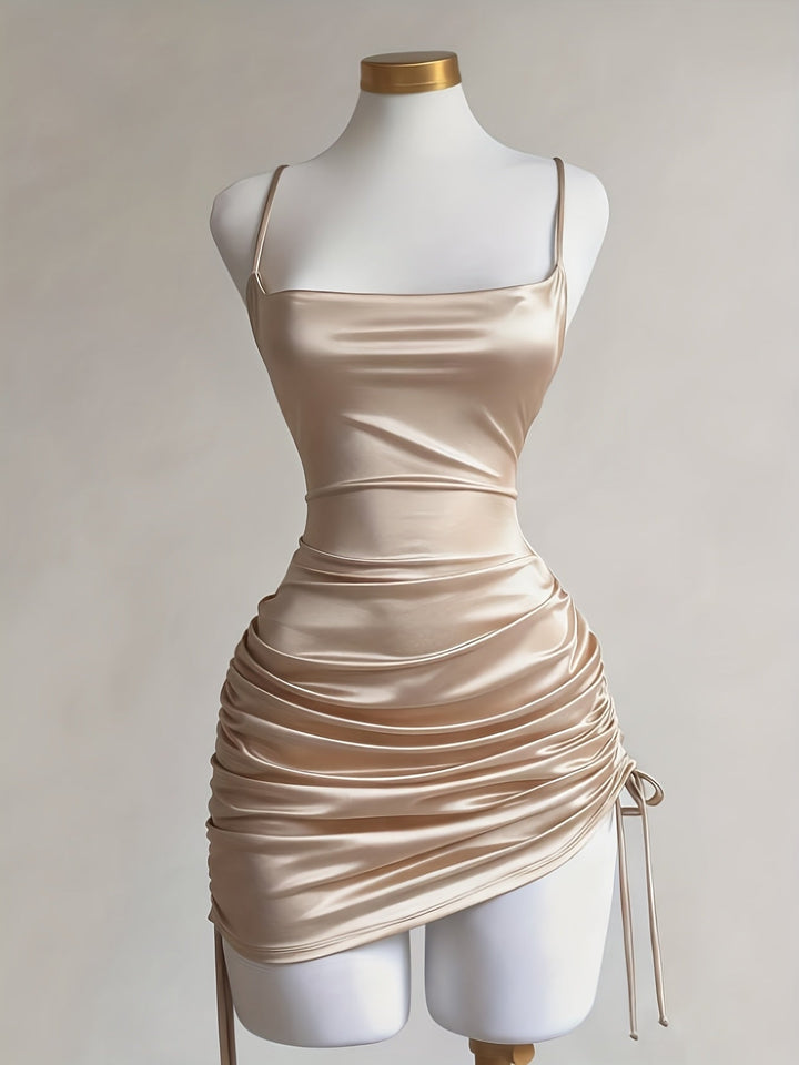 Chic women's mini party dress with adjustable drawstring & ruched details, ideal for special occasions.
