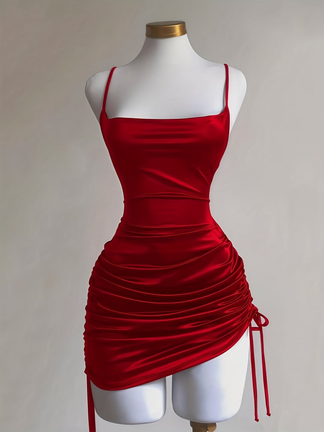Stylish women's mini homecoming dress, ruched with a drawstring and square neck for an elegant look.