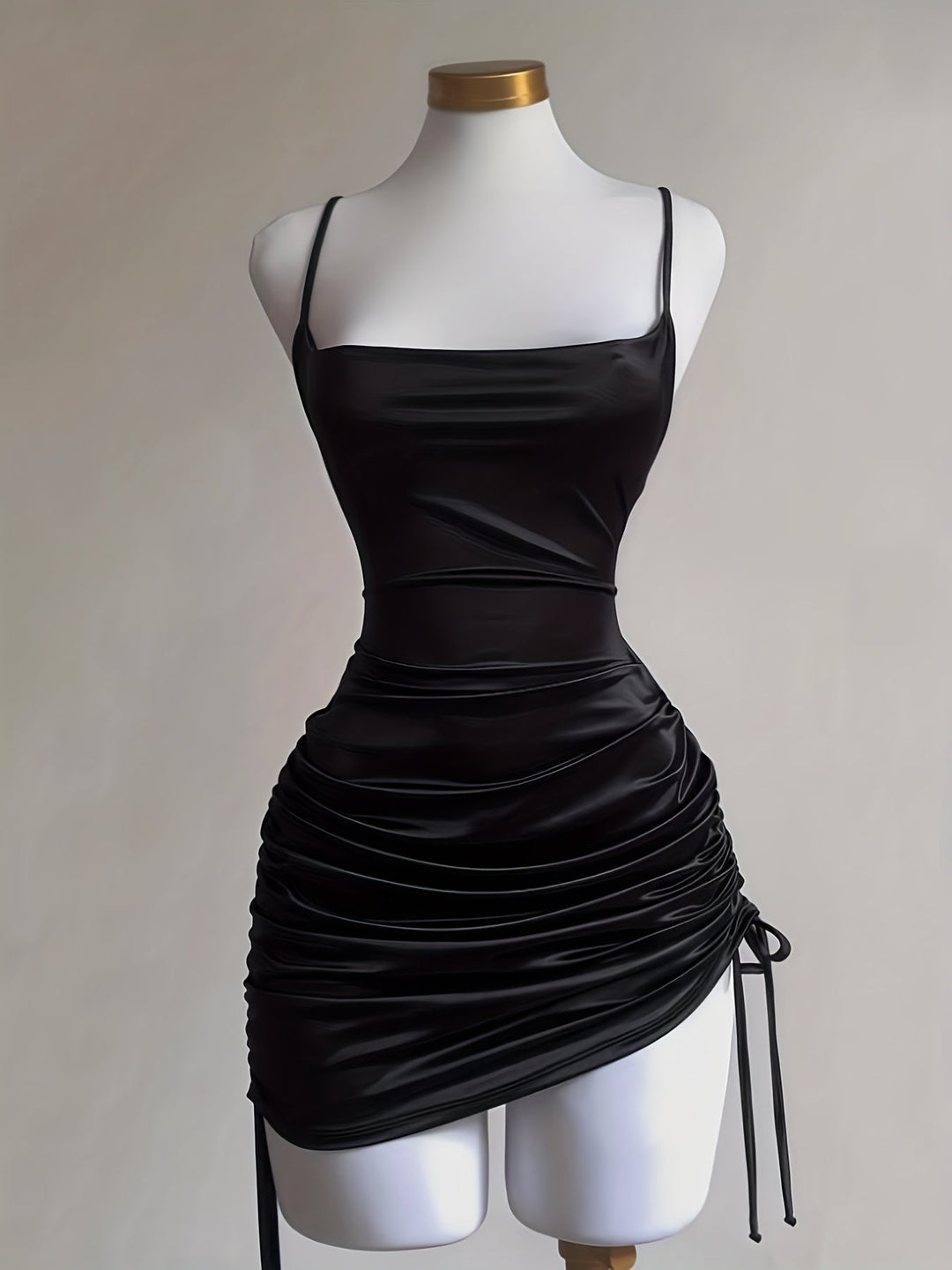 Fitted women's ruched mini dress with adjustable drawstring, perfect as a homecoming or evening party dress.