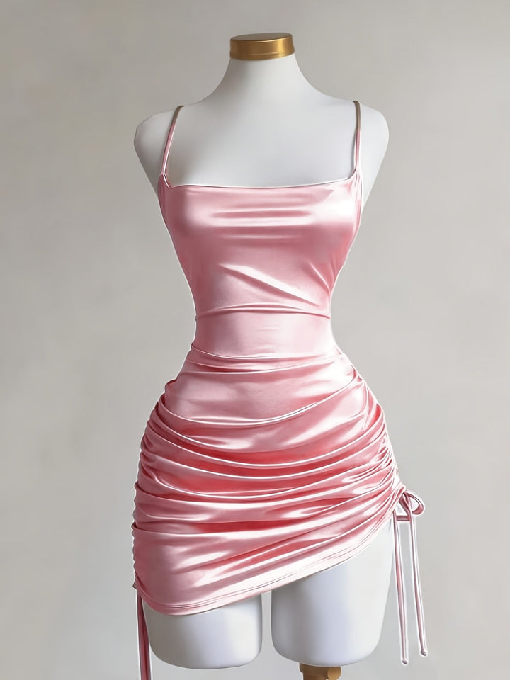 Elegant ruched mini dress for women, featuring a drawstring detail & square neck, ideal for evening events.