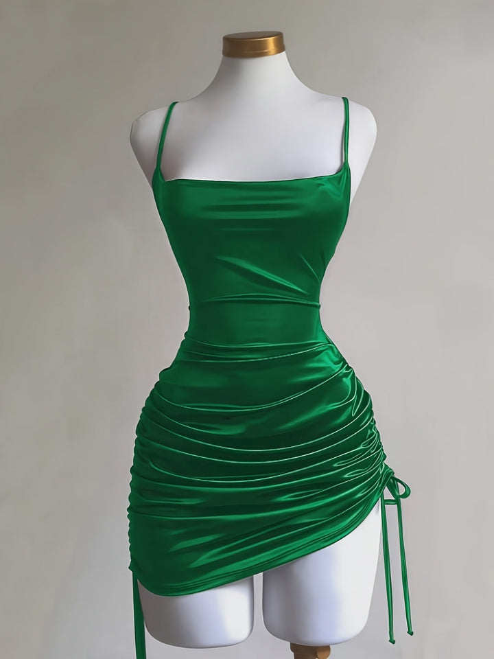 Women's homecoming & party mini dress, ruched with a chic drawstring for a flattering & modern fit.