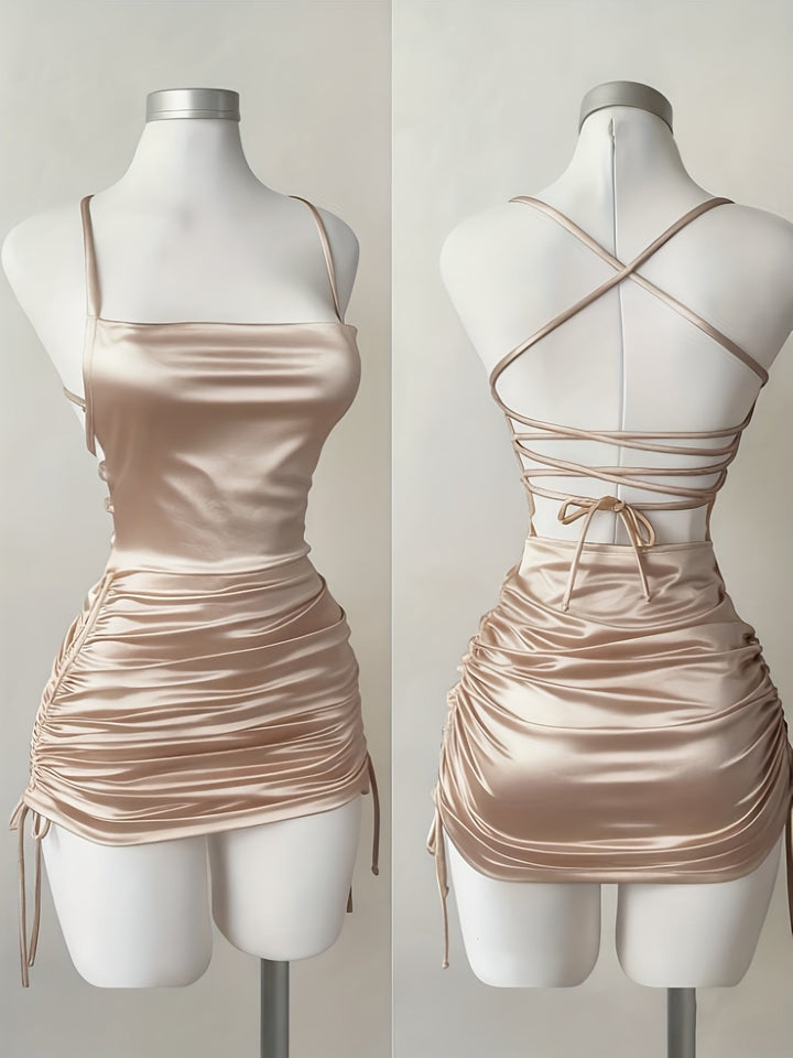 Modern women's mini dress, ruched & fitted with a drawstring, perfect for formal events or party wear.