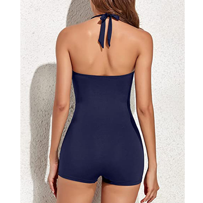 Elegant women's one-piece, ruched bodice, halter straps, and sweetheart neck for sophisticated swimwear.