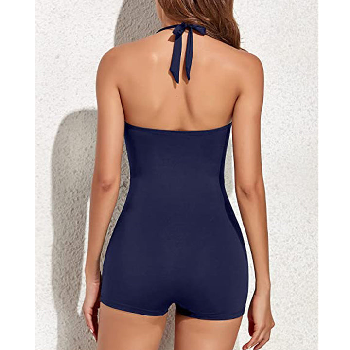 Elegant women's one-piece, ruched bodice, halter straps, and sweetheart neck for sophisticated swimwear.